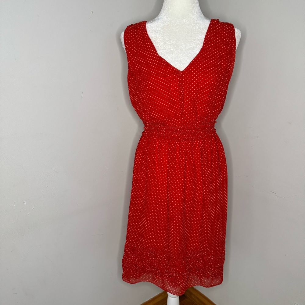 Max Studio Red and White Polka Dot Sleeveless V-Neck Midi Dress Size  Medium